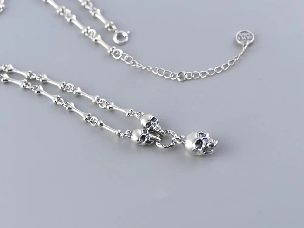 BOCAI 100% Real S925 Silver Jewelry Retro Creative Design Trendy Punk Skull Stick Bone Necklace for Woman