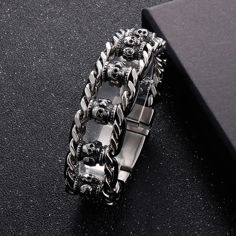 22mm Punk Retro Skull Head Bracelet for Men Hiphop Rock Stainless Steel Male Gothic Biker Bike Leather Bangle Wristband Jewelry