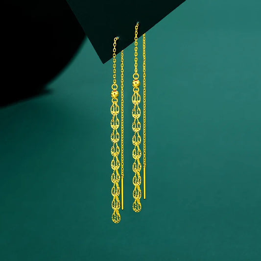 24K gold hollow phoenix tail long tassel earrings AU999 pure gold temperament phoenix tail womens earrings holiday gift