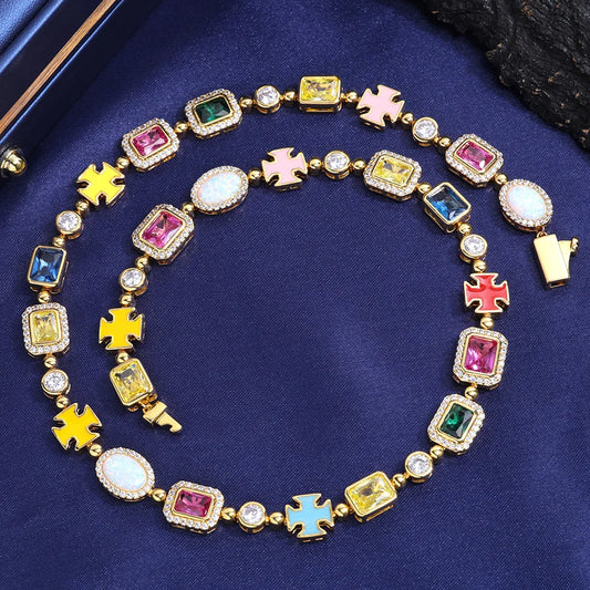 10mm Multicolor Green Blue Red Yellow Black Gem Stone Enamel Cross Chain 18K Gold Plated Jewelry Big Gemstone Necklace Women